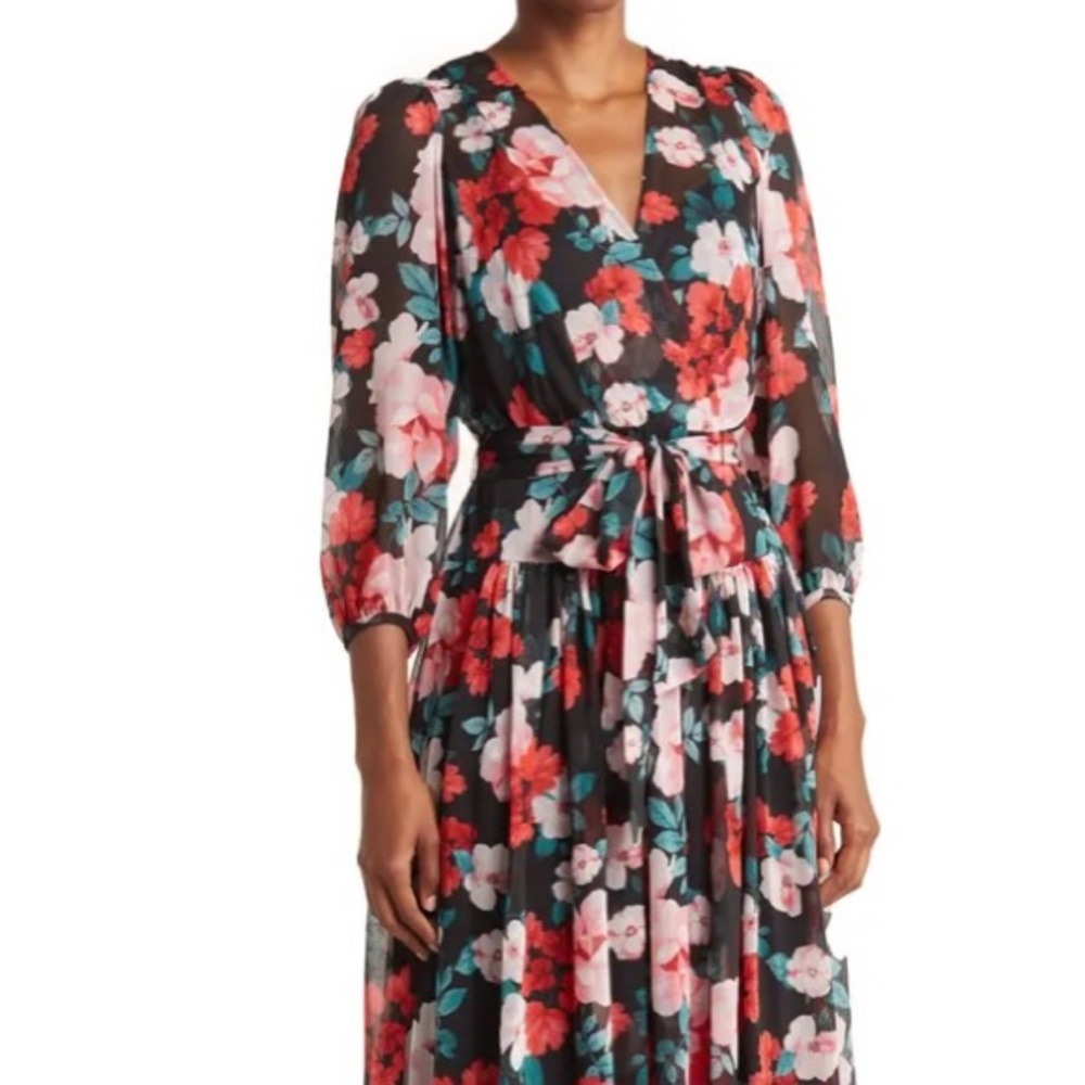 Calvin Klein floral dress V-neck long sleeves waist tie sash 47 1/2" length